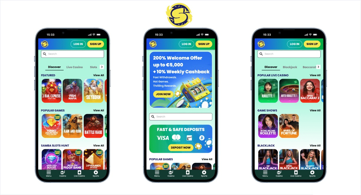 a screen capture of samba slots imposed on three phones